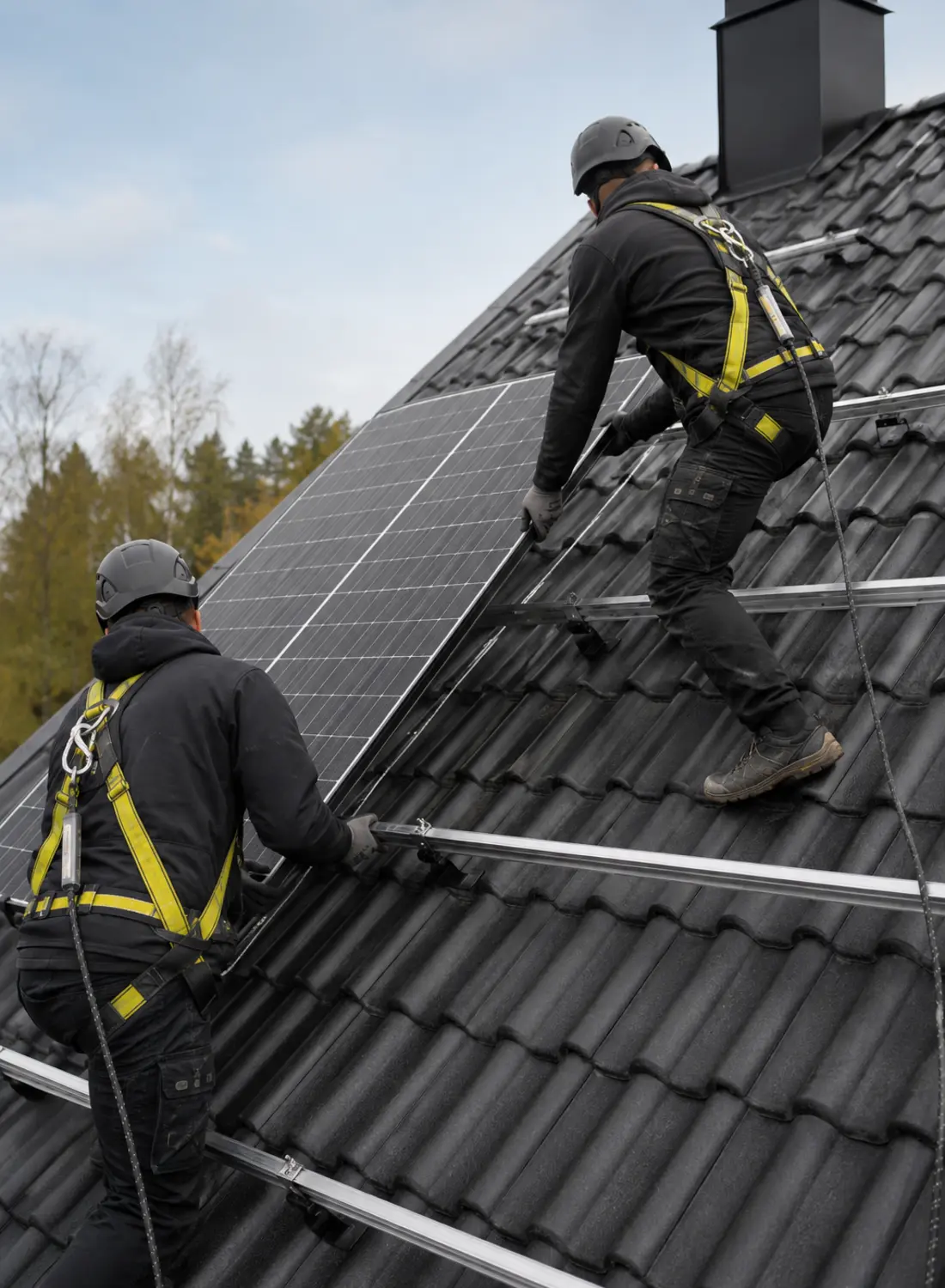 Solcellsinstallatörer monterar en panel på ett villatak med säkerhetsutrustning